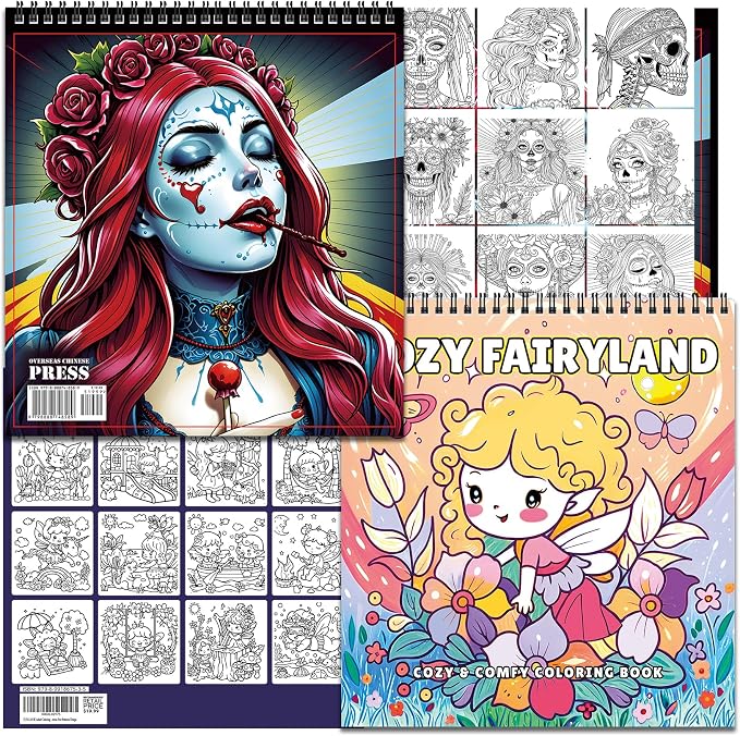 Fun LAVIE Sugar Skull & Cozy Fairyland Adult Coloring Book Set Bundle – 2 Spiral Bound Books with 64 Pages Total for Adults Relaxation and Teens Stress Relief