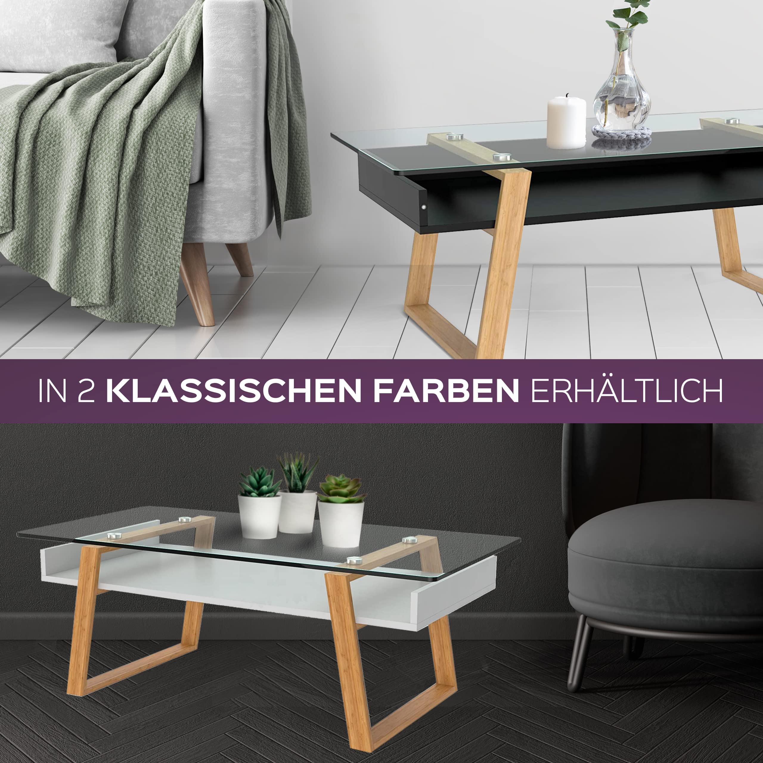 bonVIVO Couchtisch Glas Schwarz mit Bambus – Moderner Glastisch Wohnzimmer mit Ablage 110x55x40 cm – Wohnzimmertisch Schwarz Skandinavischer Couchtisch Holz Glas
