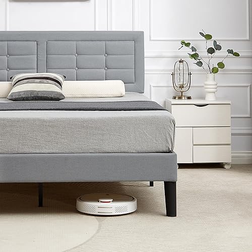 Miniatura 23 de VECELO Full Size Bed Frame with Storage Drawers, Upholstered Platform Bedframe with Wingback Headboard, No Box Spring Needed, Light Grey Gris