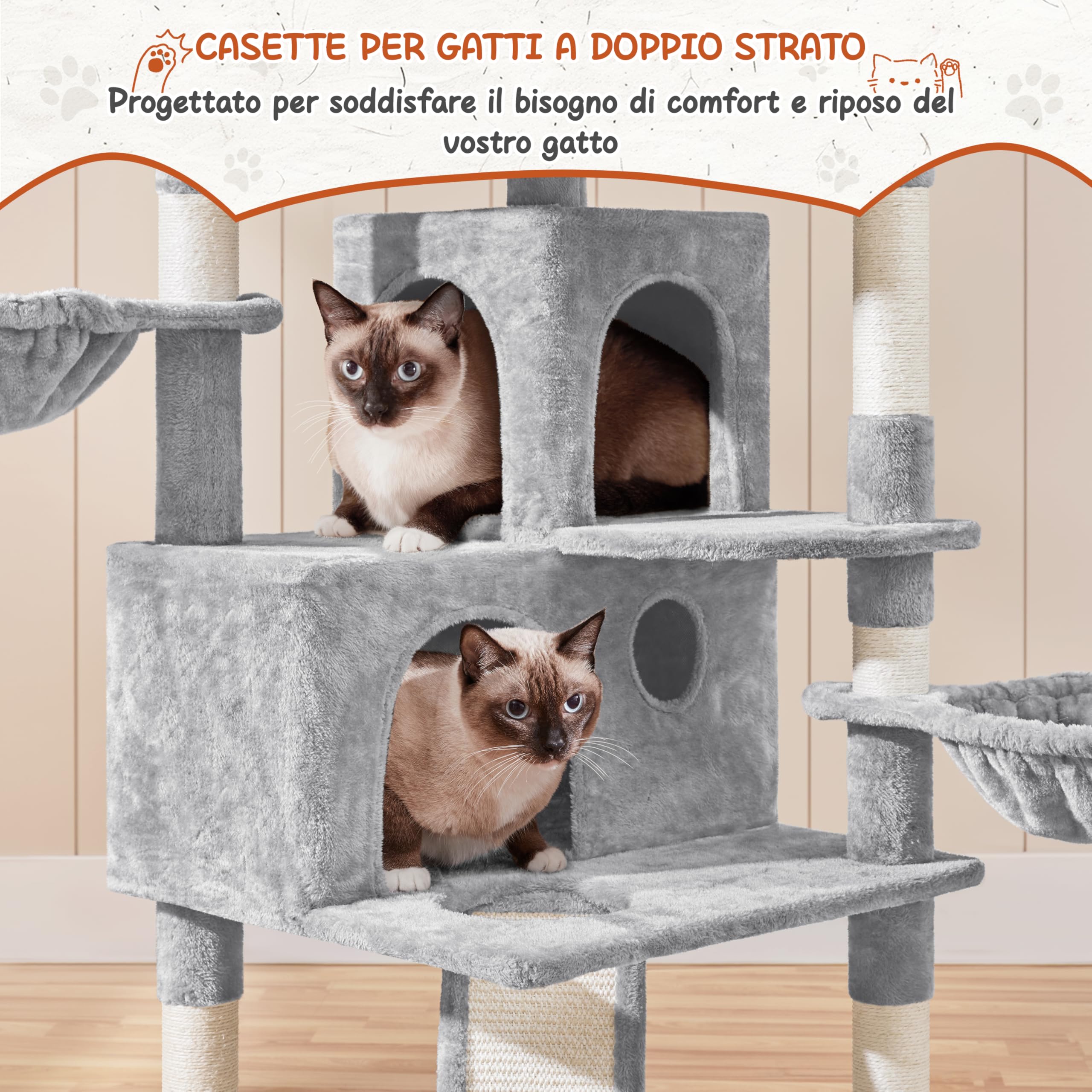 Yaheetech Albero Tiragraffi per Gatti Altezza 194 cm in Truciolato e Corda in Sisal con 3 Casette Rampa e Ceste Multilivello Grigio Chiaro