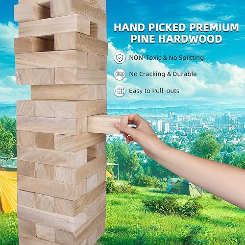 Miniatura 4 de GOTHINK Juego de torre gigante de caída, torre grande que se apila hasta más de 5 pies, 54 bloques gigantes de madera para juegos de patio al aire