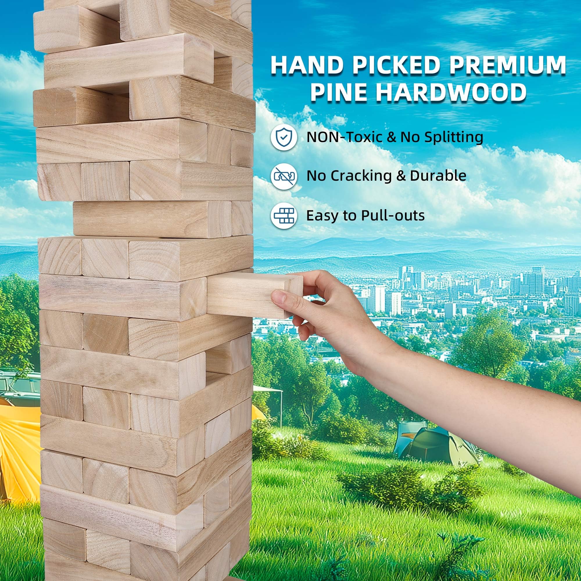 GOTHINK - Juego de torre gigante para remolque, torre grande apilable a más de 5 pies, 54 bloques de madera jumbo para juegos de patio exterior con funda de transporte, apilamiento de madera, juguete