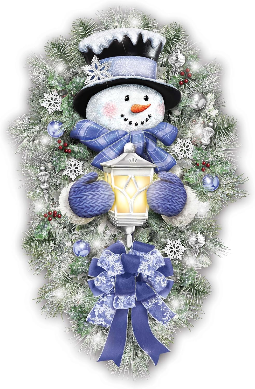 Thomas Kinkade Snowman Wreath with Illuminated Lantern, Bradford Exchange Collectible