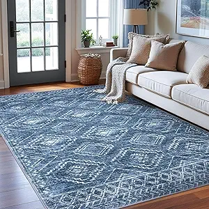 KILOCOCO Living Room Rug 6x9 Area Rug Printed Boho Washable Bedroom Rugs Non Slip Soft Large Moroccan Indoor Rugs for Dining Room Office Farmhouse Geometric Carpet, Stonewashed Blue