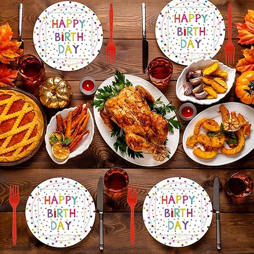 Miniatura 7 de Juego de 96 platos y servilletas de cumpleaños para fiestas, platos de papel de feliz cumpleaños, servilletas y tenedores, juego de vajilla