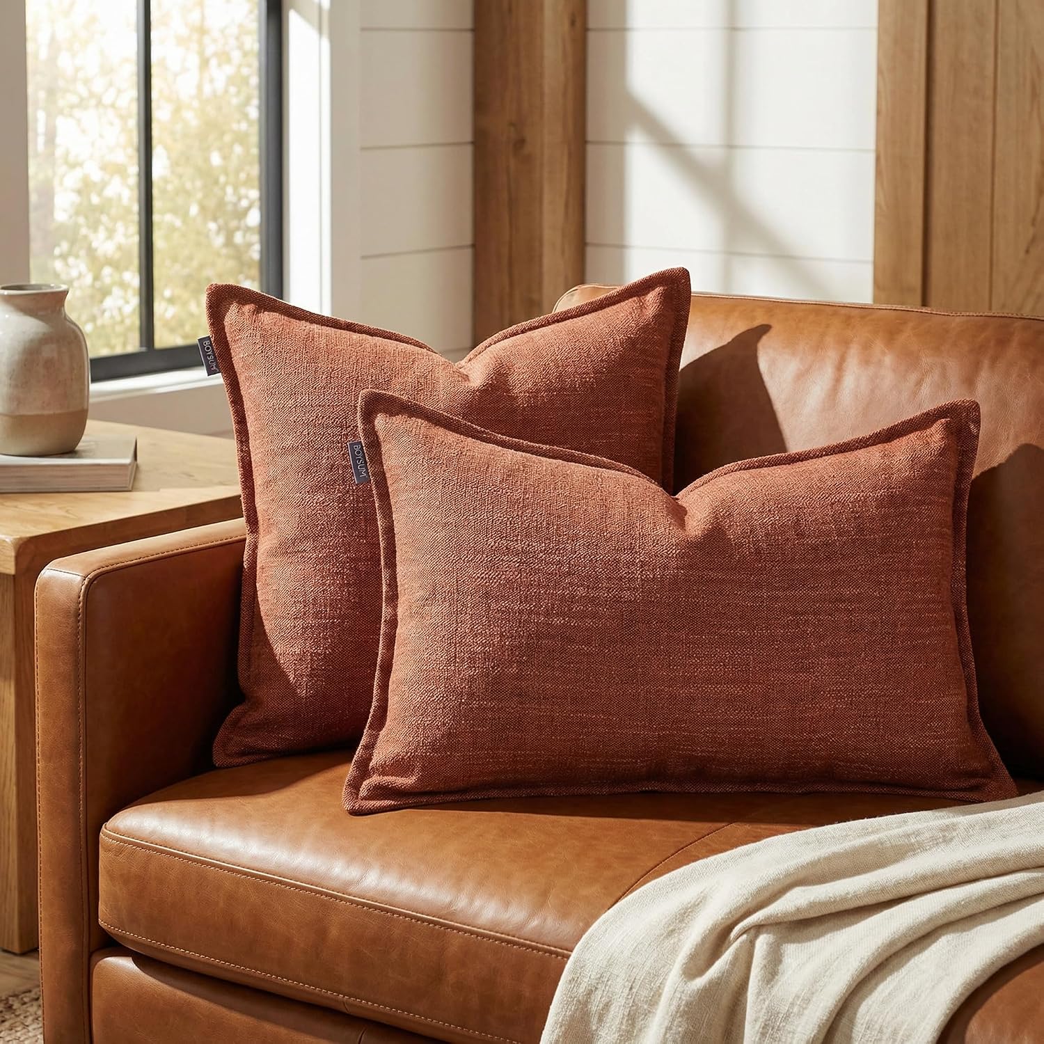 BOYSUM 18x18 Pillow Covers Set of 2 Chenille Linen Textured Throw Pillow Covers for Couch Sofa Hidden Zipper Decorative Cushion Cases Modern Farmhouse Neutral Home Decor Orange