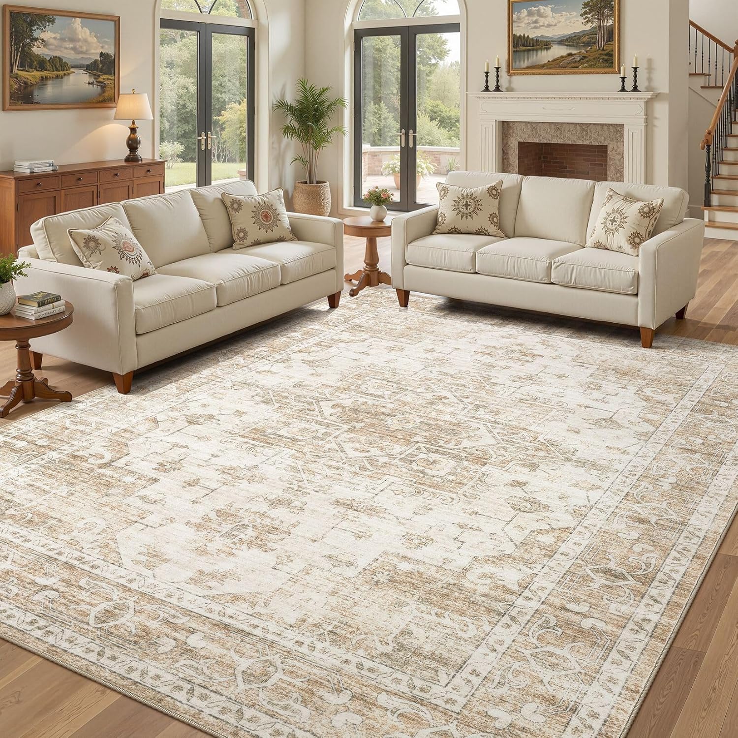 washable area rugs 10x14, soft large 10x14 rugs for living room non-slip vintage beige indoor carpet stain resistant rugs for dining room bedroom nursery kid & pet friendly beige 10' x 14' (rectangular)
