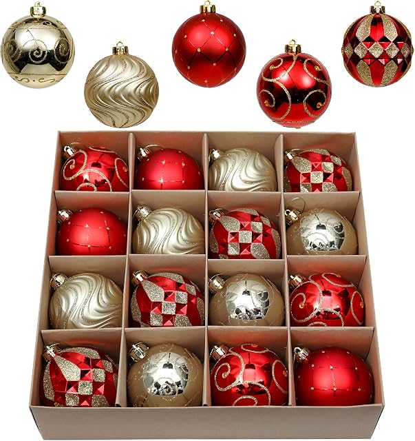 Valery Madelyn 16pcs 8cm Shatterproof Christmas Baubles, Luxury Red and Gold Christmas Ball Ornaments for Christmas Tree Decoration