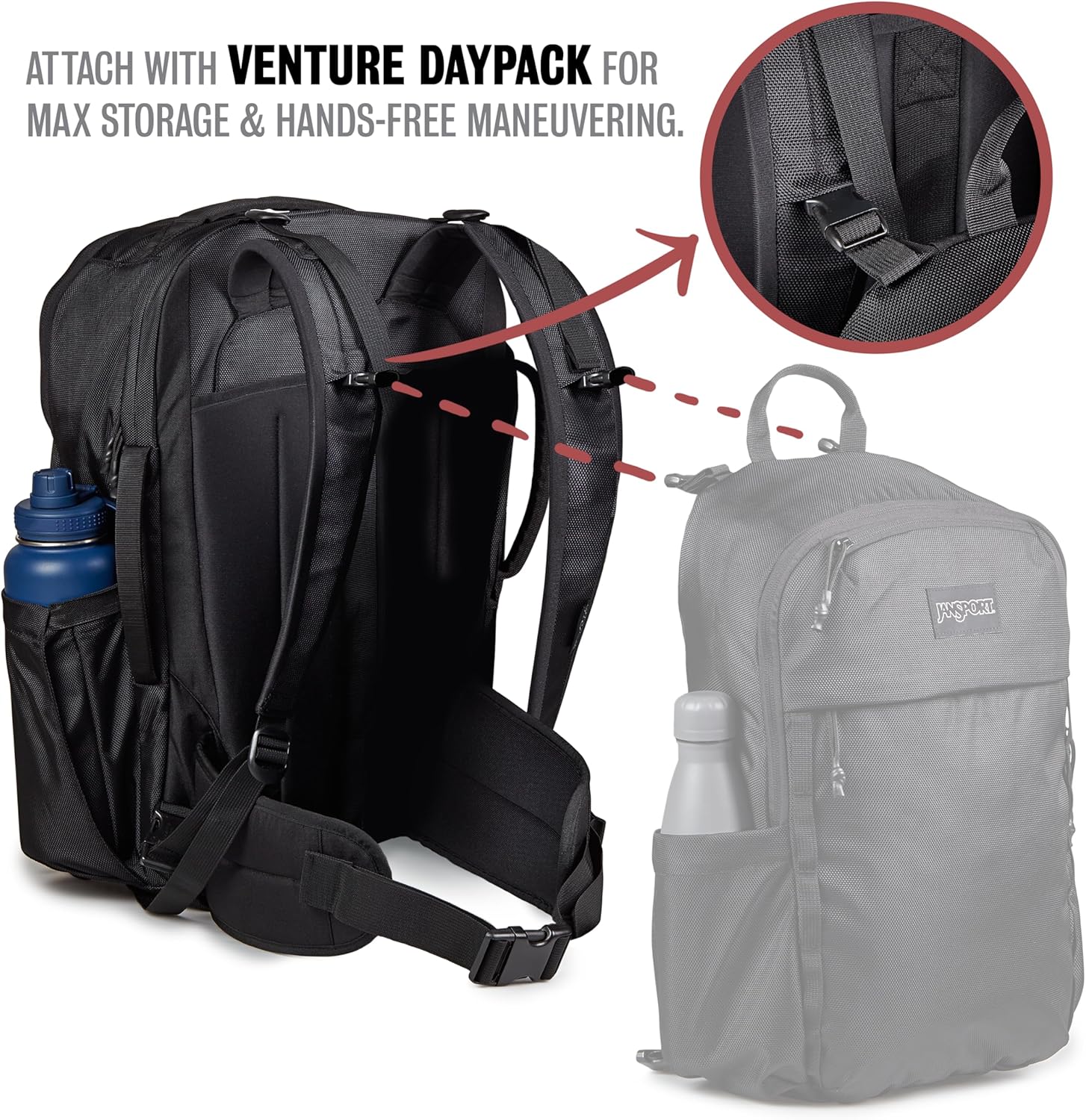 JanSport Venture Daypack – Travel Pack With Large Main Compartment, Padded Laptop Sleeve, Dual Water Bottle Pockets, and Attachment Buckles, Black - Image 8