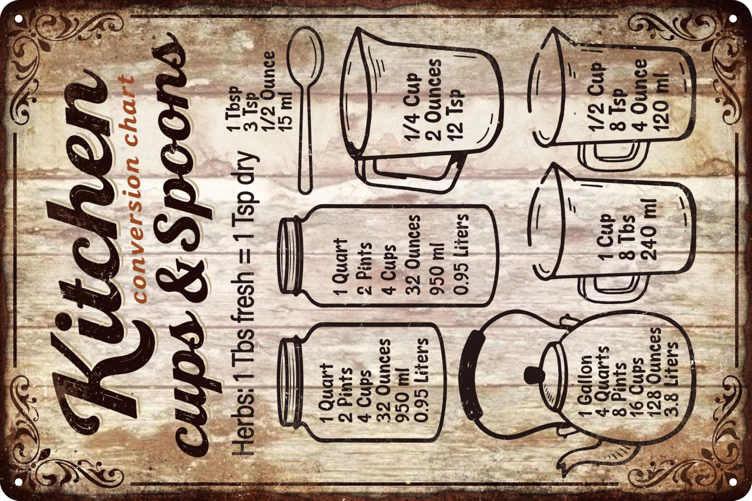 GLOBLELAND Kitchen Conversion Chart Metal Tin Sign 8x12in "Cups & Spoons" Vintage Painting Tin Signs Wall Poster Plaque for Kitchen Cooking Area Dining Room Home Office Pantry Coffee Bar - Image 3