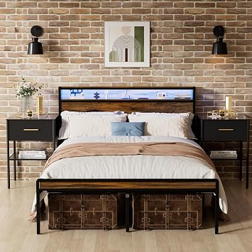 Modern Queen Size Bed Frame,Storage Headboard with Charging Station,Smart LED Bed Frame,Under-Bed Storage Space,Heavy Duty Metal Slats No Box Spring Needed, Easy Assembly Antique Brown