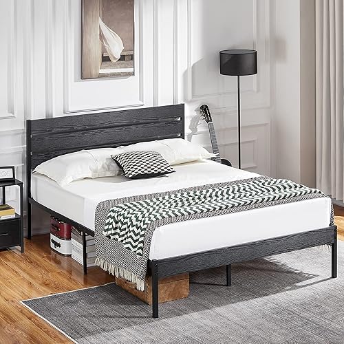VECELO Platform Full Bed Frame with Rustic Vintage Wood Headboard and Footboard, Mattress Foundation, Strong Metal Slats Support, No Box Spring Needed