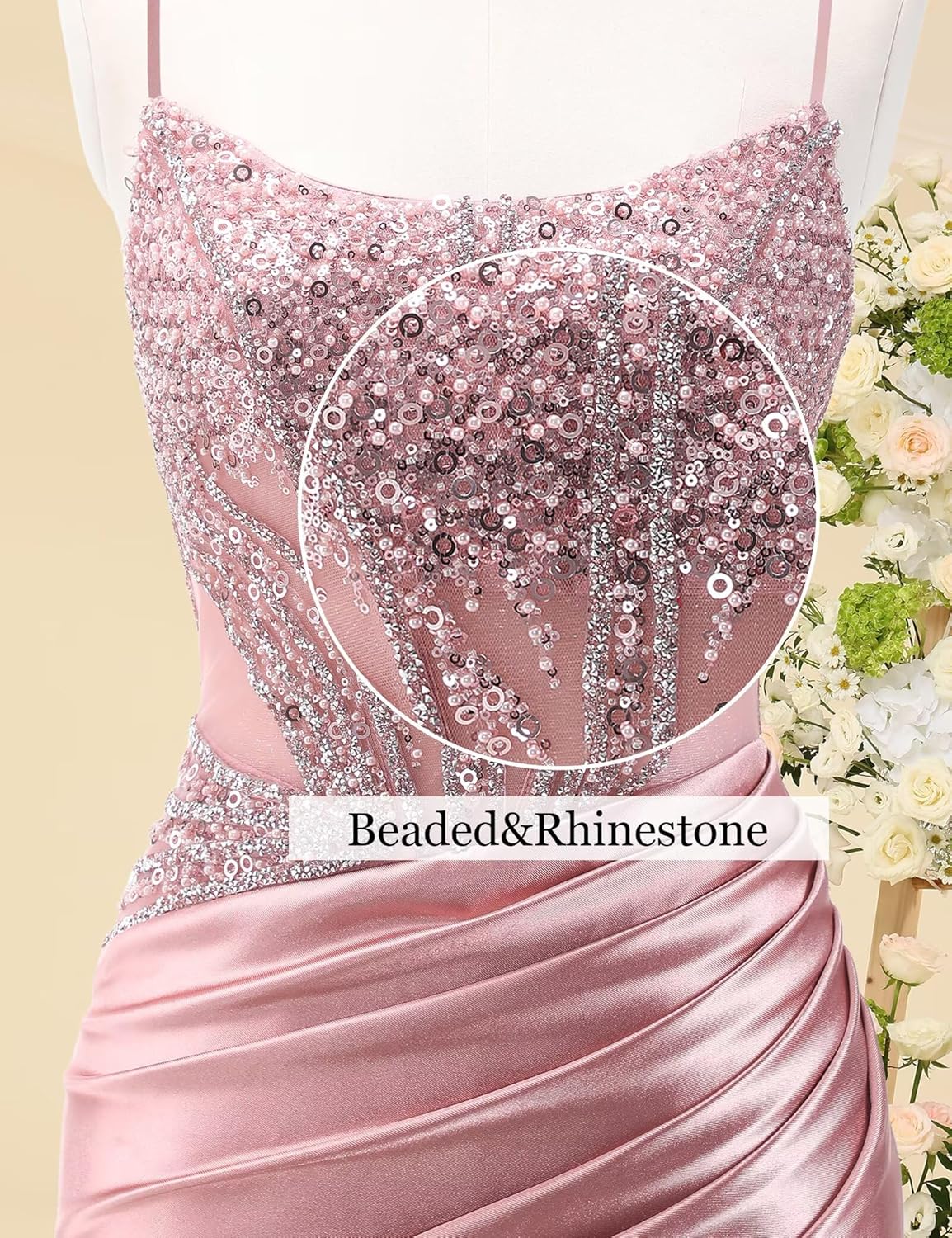 ForElise Spaghetti Straps Satin Prom Dresses for Women Beaded Mermaid Formal Evening Gown