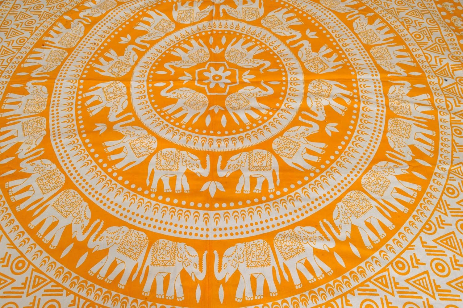 White Bedsheet from Pilkhuwa with Printed Chakravhuh of Elephants - Pure Cotton with Pillow Covers - Color Saffron Color