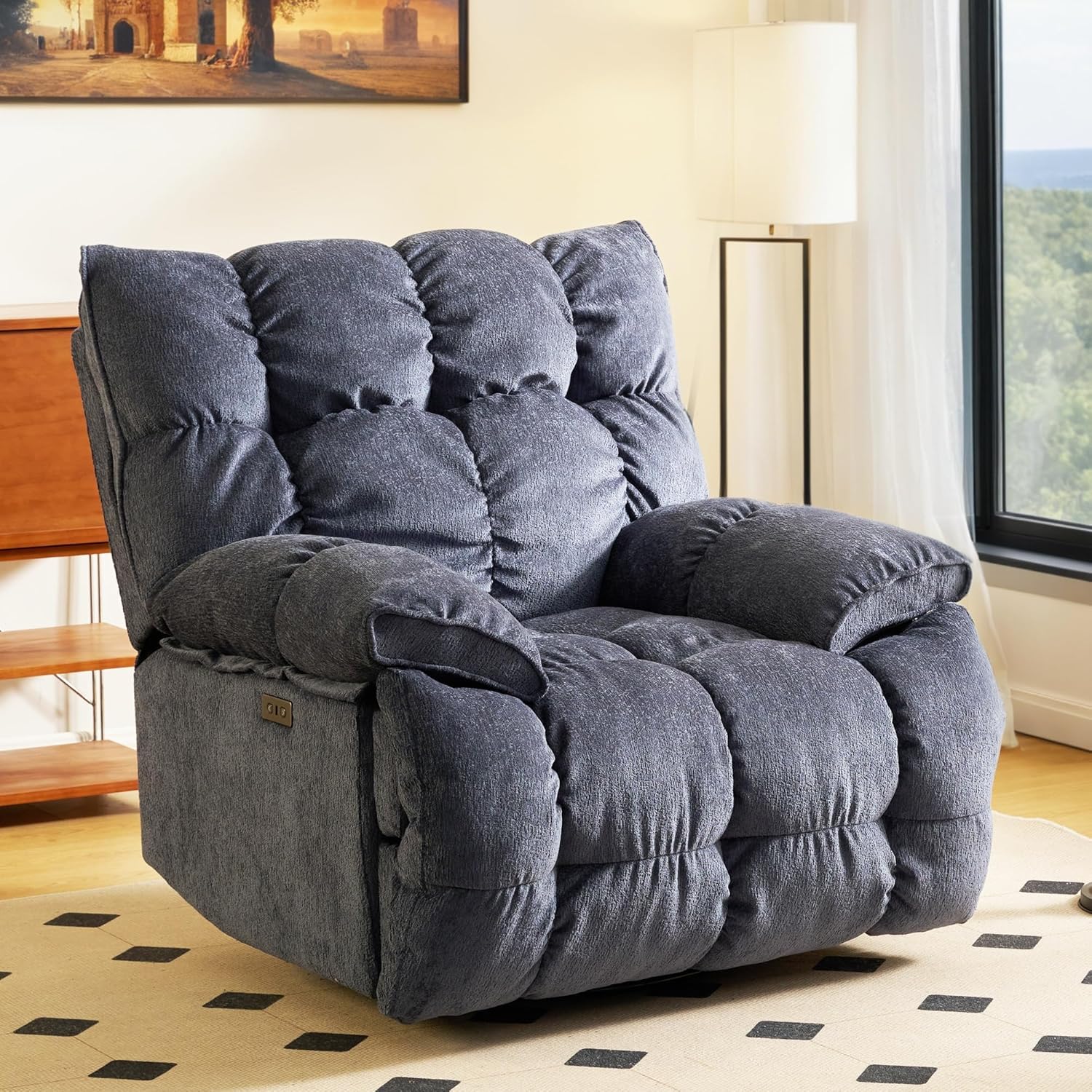 WoodWise Oversized Rocker Recliner Chair,Overstuffed Rocking Chair with Breathable Velvety Fabric, Soft Padded Headrest and Armrest, Manual Recliner Extra Large (Manual, Blue)