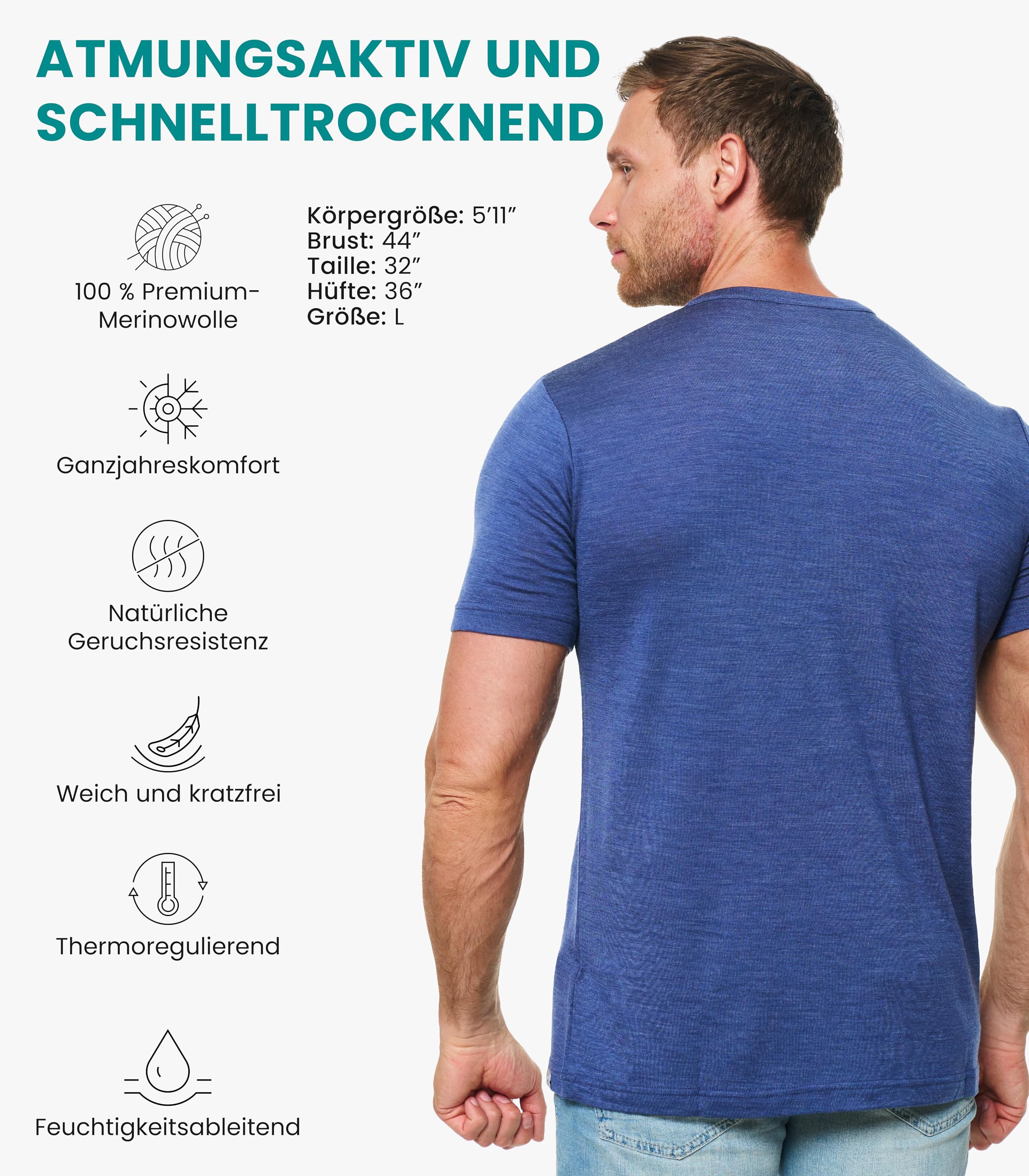 100% Merino Wolle Tshirt Herren - Merino Shirt Herren, Unterhemden Männer, Sports & Outdoor Gym Shirt