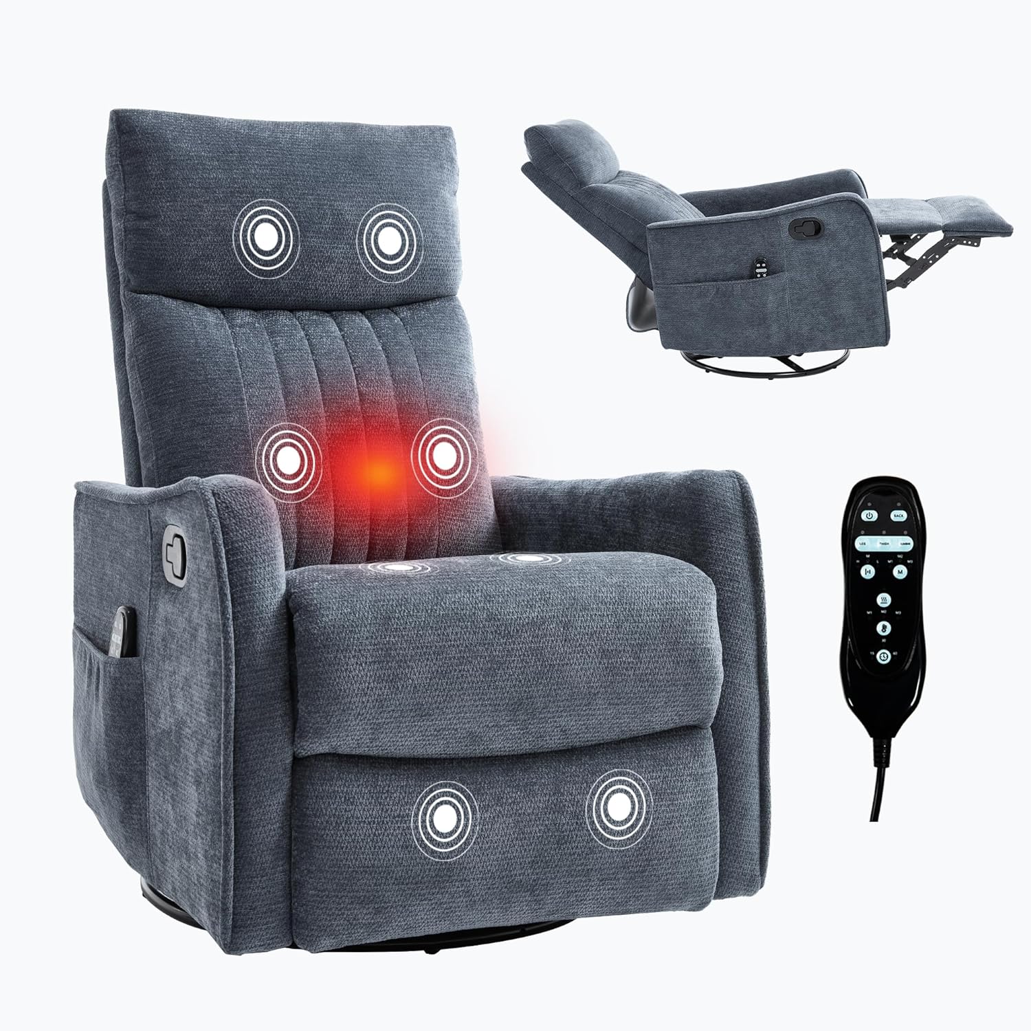 Swivel Rocker Recliner Chair, Nursery Rocking Chair with Heat and Massage, Glider Reclining Chair for Living Room Small Space Bedroom, Chenille Blue
