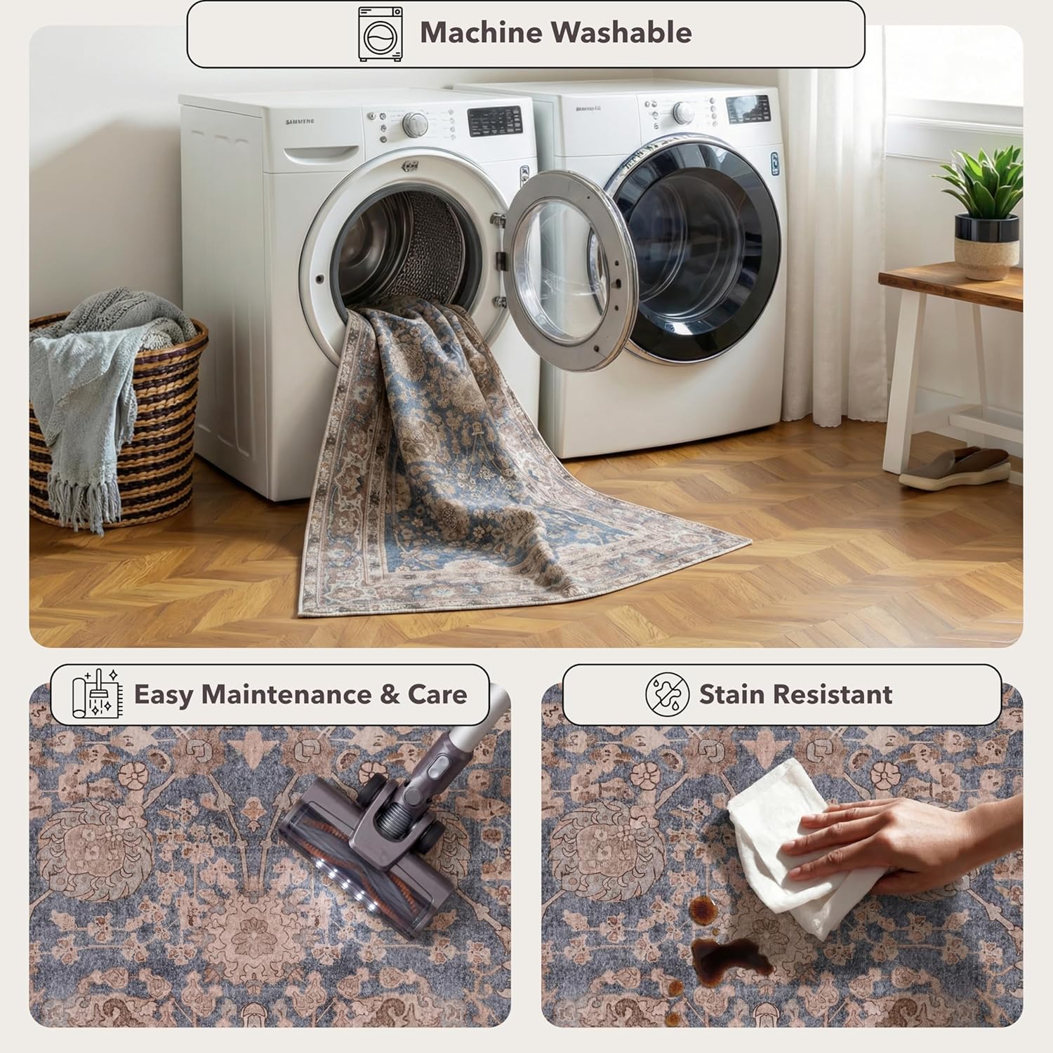 Kuden 6x9 Area Rug, Machine Washable Area Rug with Non-Slip Backing, Vintage Style, Soft, Easy Clean, Low Pile Rug for Living Room, Bedroom, Dining Room