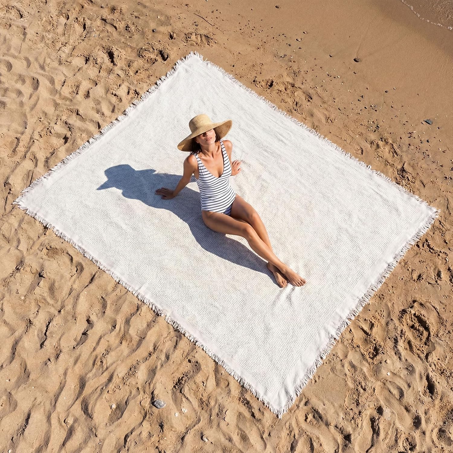 Giant Beach Blanket with Fringe 91 x 71 Inch Waffle Woven Cotton Oversize Yarn Outdoor Picnic Blanket Bohemia Sandproof Beach Towel for Spring Summer Camping Accessories(Milky White)