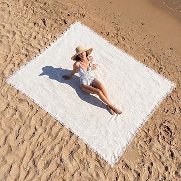 Giant Beach Blanket with Fringe 91 x 71 Inch Waffle Woven Cotton Oversize Yarn Outdoor Picnic Blanket Bohemia Sandproof Beach Towel for Spring Summer Camping AccessoriesMilky White