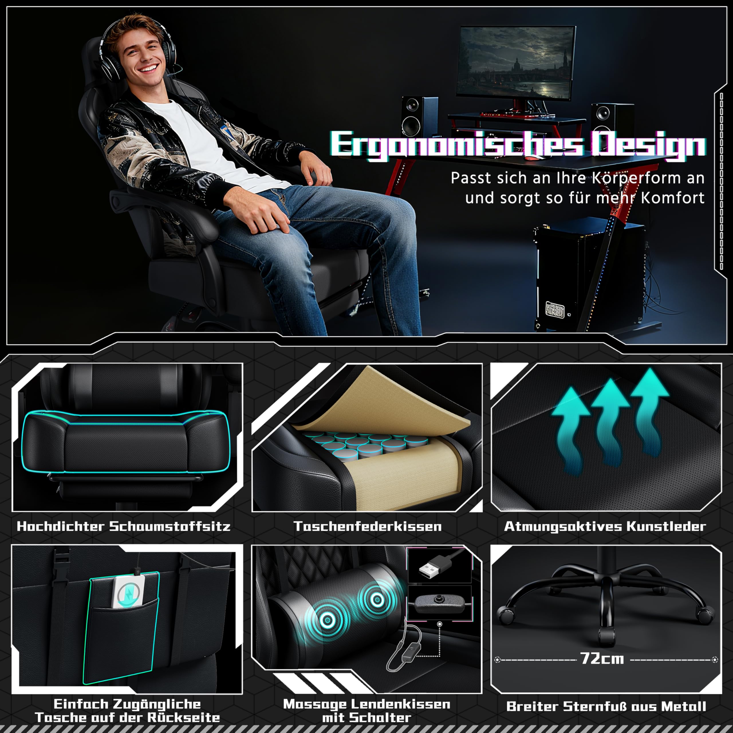 Yaheetech Gaming Stuhl, Ergonomischer Gaming-Stuhl mit Massagefunktion & Ausziehbarer Fußstütze, Verstellbare Rückenlehne, Höhenverstellbar, PC-Stuhl Computerstuhl Drehsessel (Schwarz)