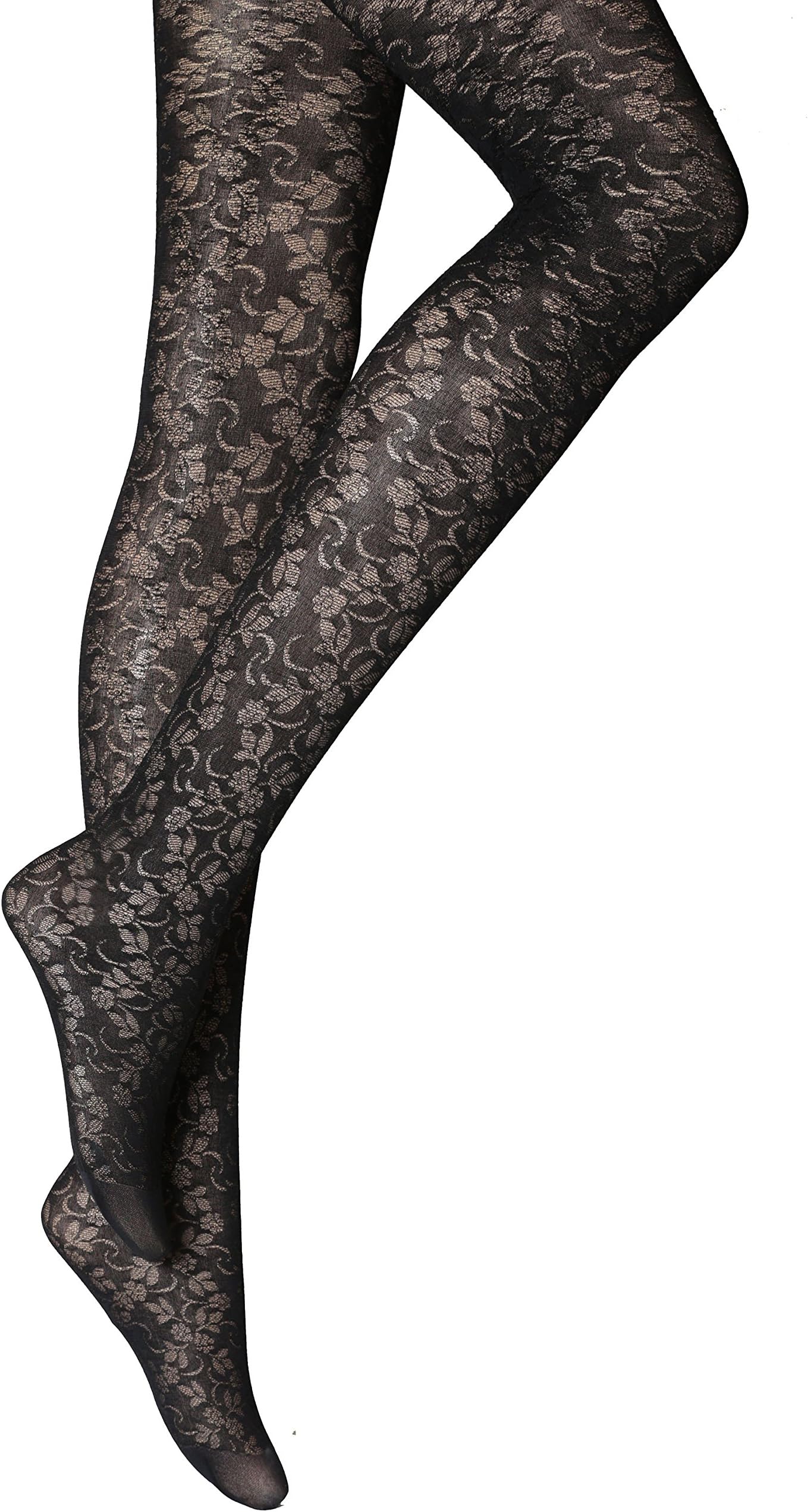 1 Pair New Womens Ladies black floral pattern tights hosiery 40 Denier One size S-M R 29