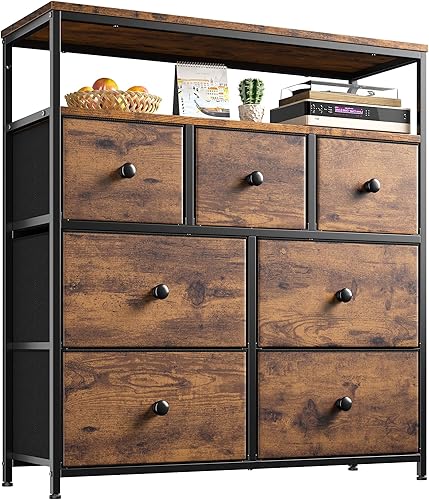 Miniatura 10 de EnHomee Cómoda negra para dormitorio, cómoda de 7 cajones, cómoda de tela alta para dormitorio, armario, guardería, cajonera negra con marco de