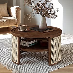 2-Tiered Round Natural Wood Coffee Table with Storage Rattan Base in 31.3''