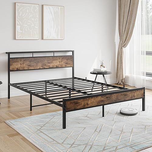 Miniatura 7 de FOUBAM Base de cama tamaño Queen, cabecera de almacenamiento con estación de carga USB y tipo C, plataforma de metal con soportes fuertes,