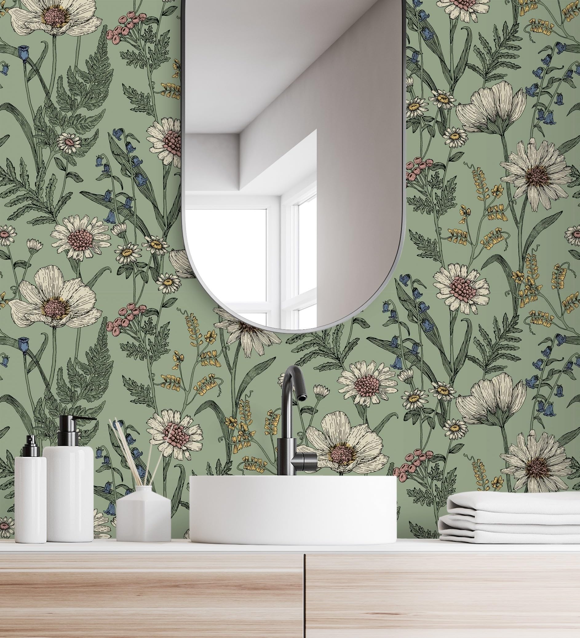 GAULAN 682381 - Papel pintado vinílico de flores silvestres con margaritas y amapolas fondo verde para pared salón cocina baño dormitorio pasillo - Rollo de 10 m x 0,52 m
