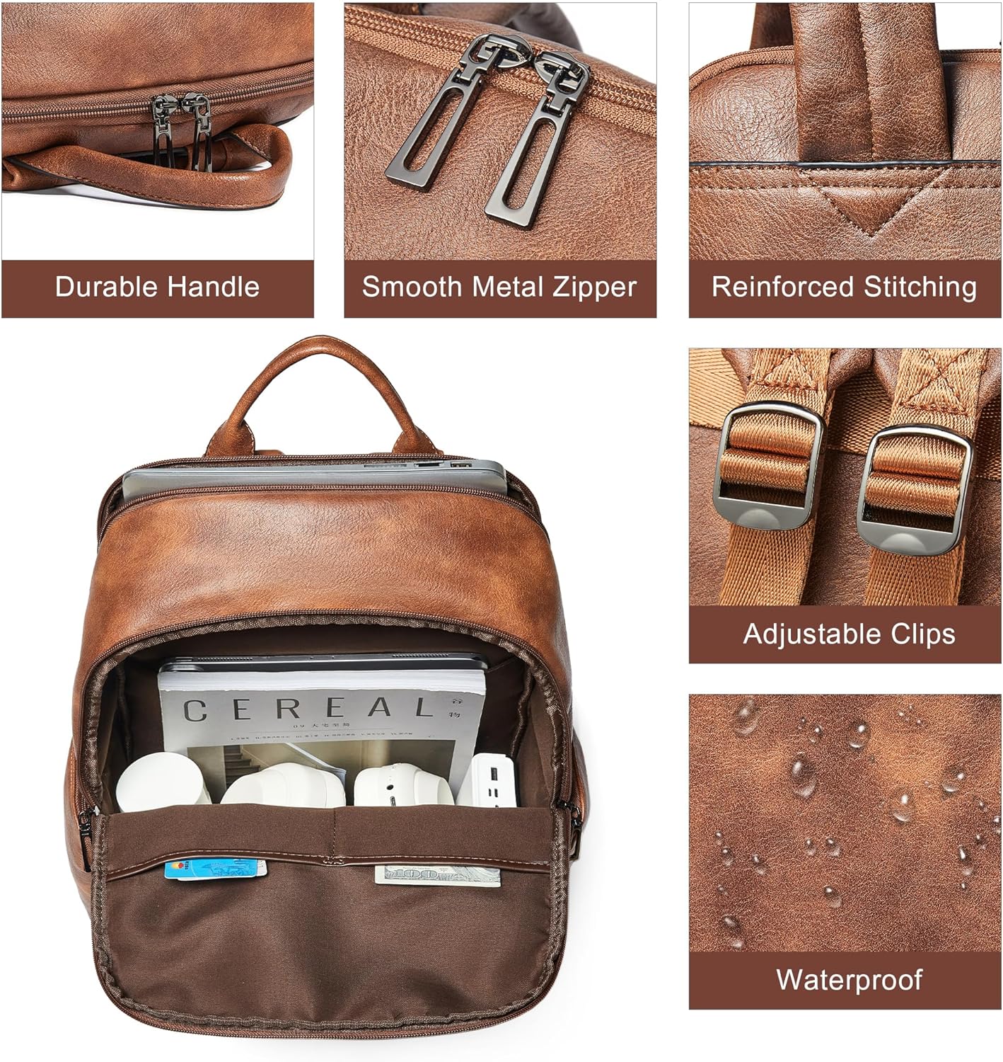 Computer Backpack for Women Soft Leather Back pack with 15.6 inch Laptop Compartment, Fashion Ladies Travel Backpack, Brown - Image 7