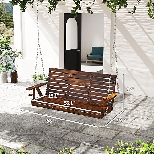 Miniatura 7 de Outsunny Columpio de madera mejorado para porche de 3 plazas, banco de columpio de patio al aire libre de 5 pies con portavasos, cadenas colgantes,