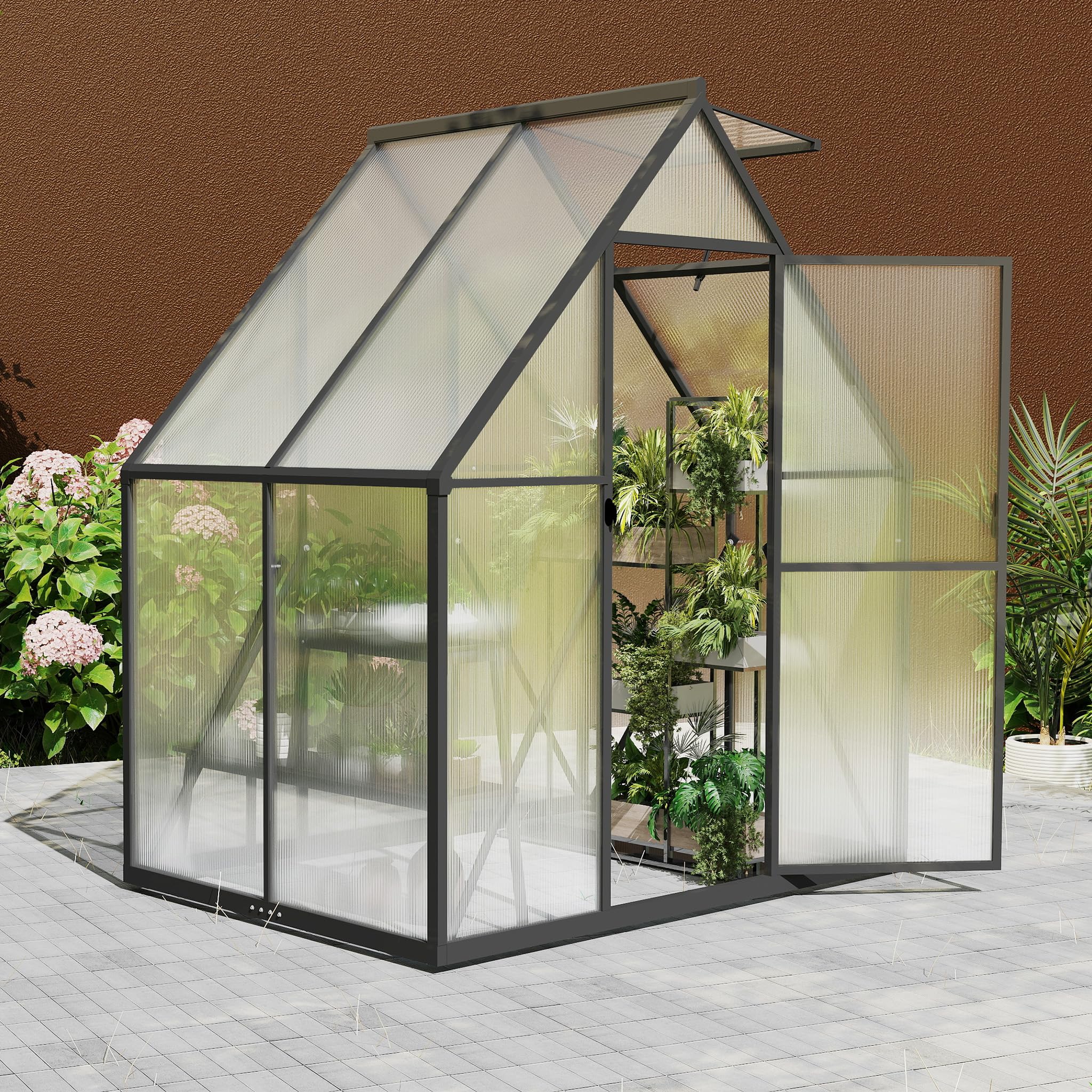 LZQ Gartengewächshaus Aluminium mit Fundament 125x180x195 cm Gewächshaus Pflanzenhaus mit Schiebetür und Dachfenster Treibhaus Gartenhaus Winterfest Aufzucht Tomatenhaus (6x4 ft)