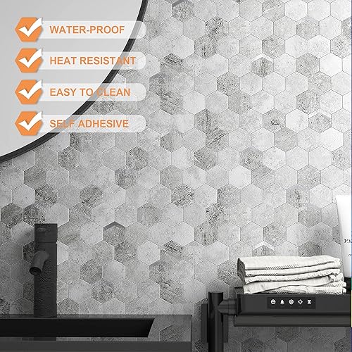 Miniatura 33 de VAOVI Peel and Stick Backsplash Tile,Backsplash Tile for Kitchen Peel and Stick Wall Panels Hexagon Marble Tile(White Silver,5pcs)