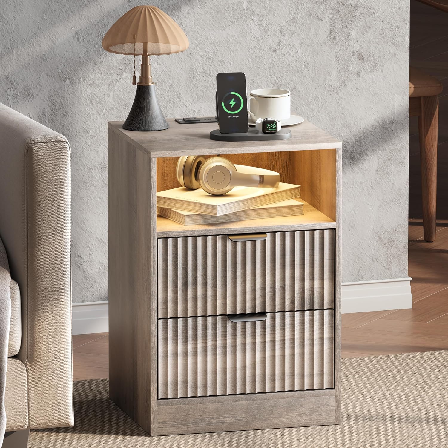Wodeer Fluted Nightstand Set of 2, LED Nightstand with Charging Station, Wood Nightstands with 2 Drawers & Metal Handles, Modern Bedside Table & End Tables, Farmhouse Night Stands for Bedroom, Grey