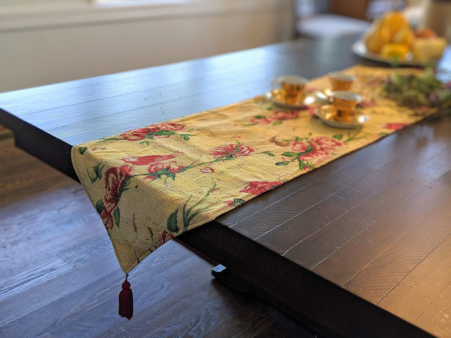 Tache Yellow Floral Table Runner - Red Roses Birds Golden Orange Woven - Long Vintage Tapestry Kitchen Dining Dinner Linens Cloth - 13 x 90 inches