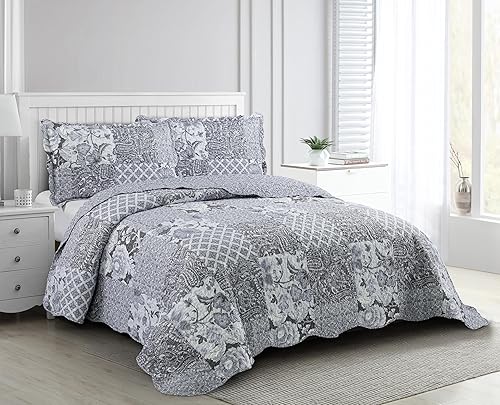 Miniatura 7 de Brilliant Sunshine Rose and Toile Patchwork, 3-Piece Quilt Set, Reversible Bedspread, Lightweight Coverlet, All-Season, Queen, Rose Gray