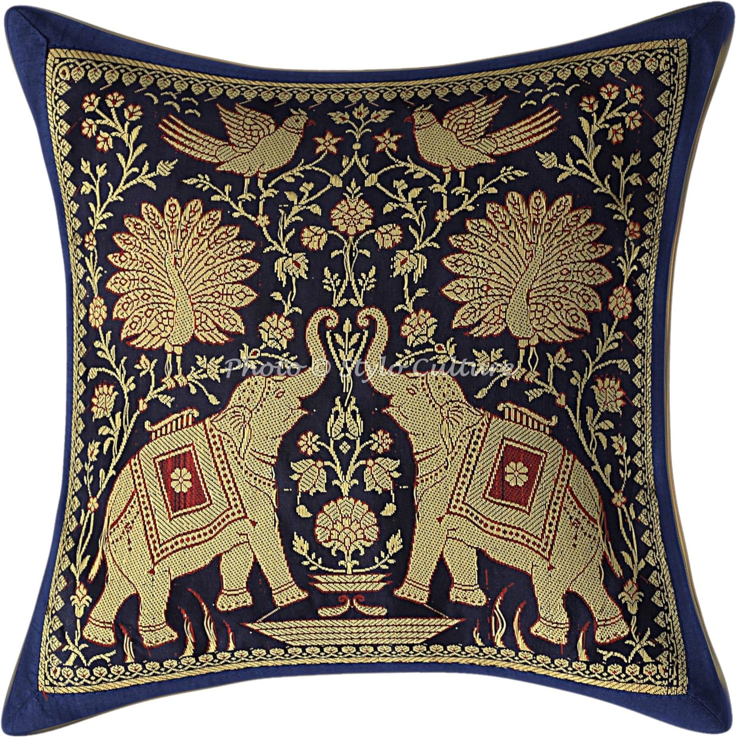 Indian Decorative Sofa Couch Accent Throw Pillow Covers 30x30 cm Brocade Living Room Dark Blue Elephant Jacquard Square Luxury Zippered Ethnic 12x12 Inch Cushion Covers - 5 Pcs