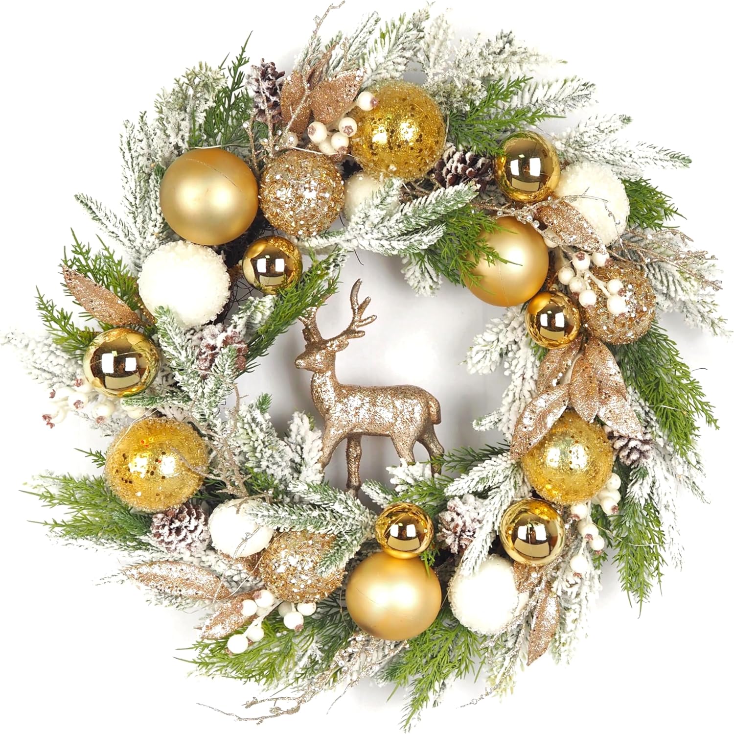 FLOROAD 28 inch Pre-Lit Gold Christmas Wreath for Front Door Outdoor, Decorated with Gold White Ball Ornaments, Gold Deer Figurine, Flocked Artificial Green Pine Branches, White LED Lights