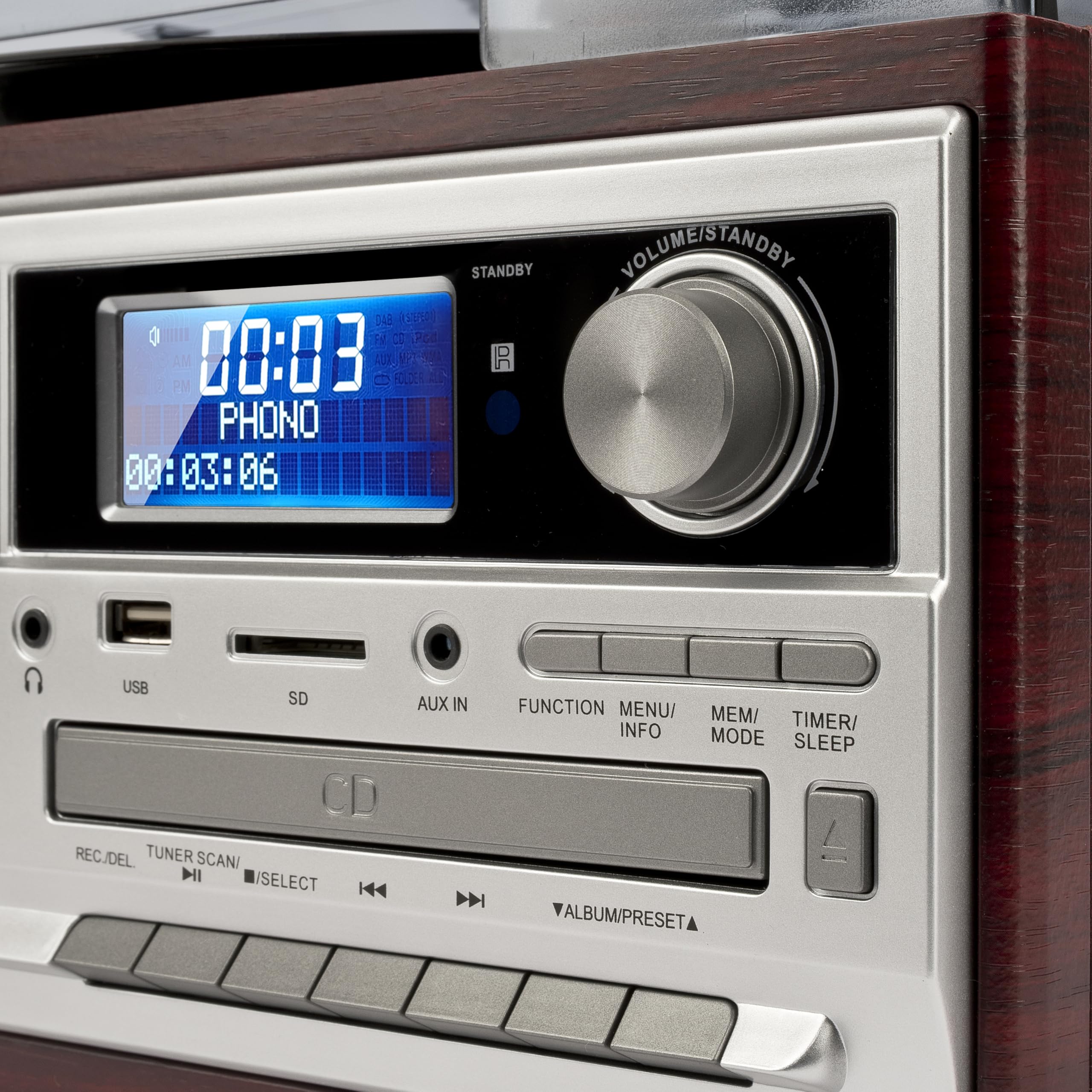 Trevi TT 1072 Dab, Platine Vinyle 33, 45 et 78 Tours, Lecteur Vinyle avec sans Fil, Lecteur CD et Mp3, USB et SD, 25 W, Radio numérique Dab/Dab+ FM, Prise Casque, caisses avec Bass Reflex, Bois