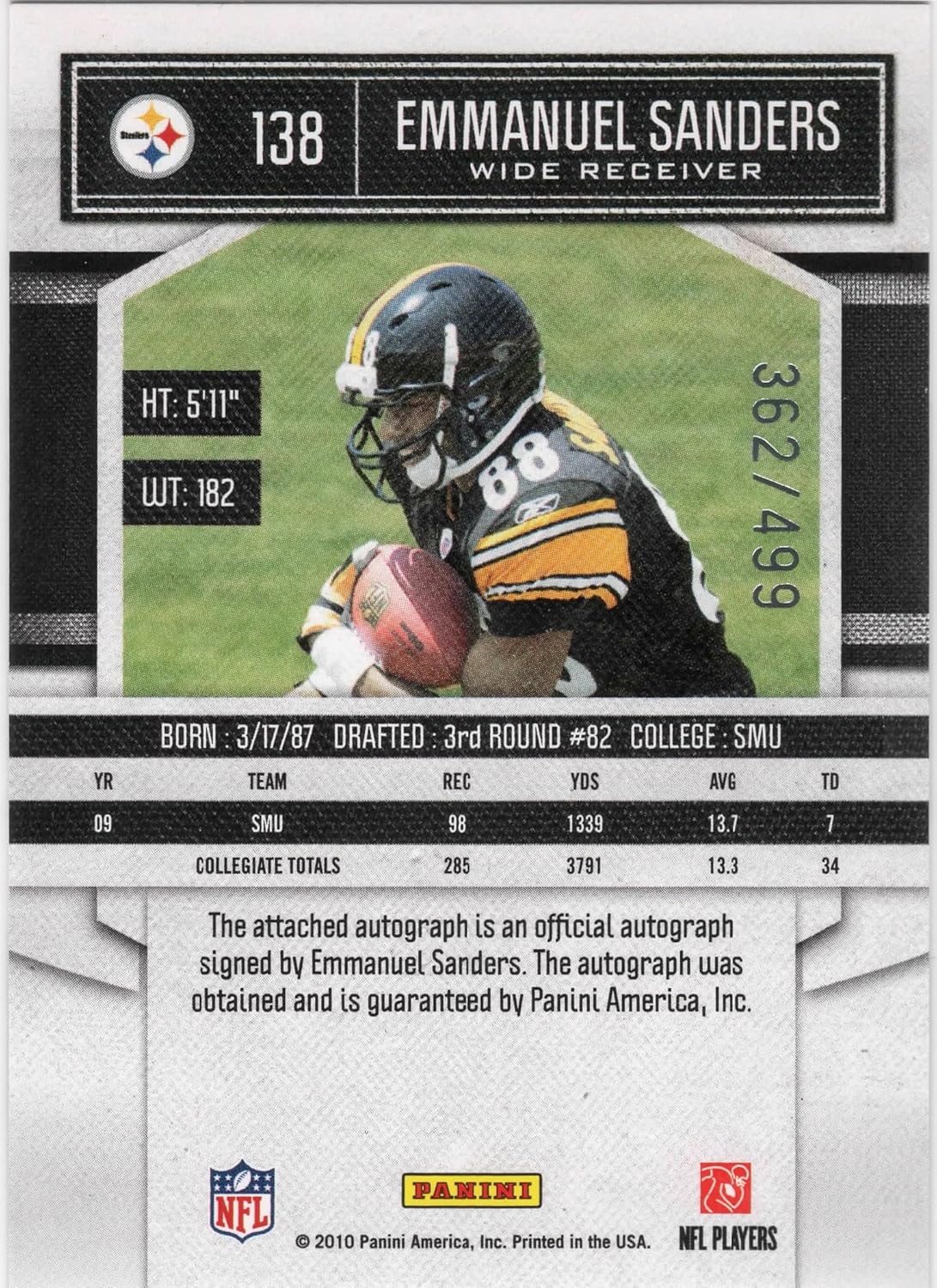 Emmanuel Sanders Significant Signatures Rookie Autograph Serial Numbered 362/499-2010 Classics Football Card # 138 (Steelers)