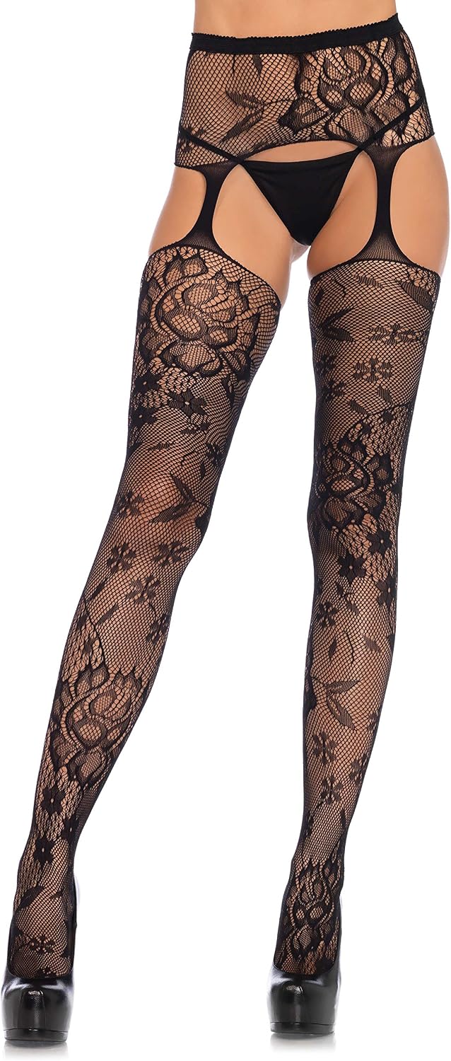 Leg Avenue Women's Lace Top Fishnet Stockings with Attached Garter Belt