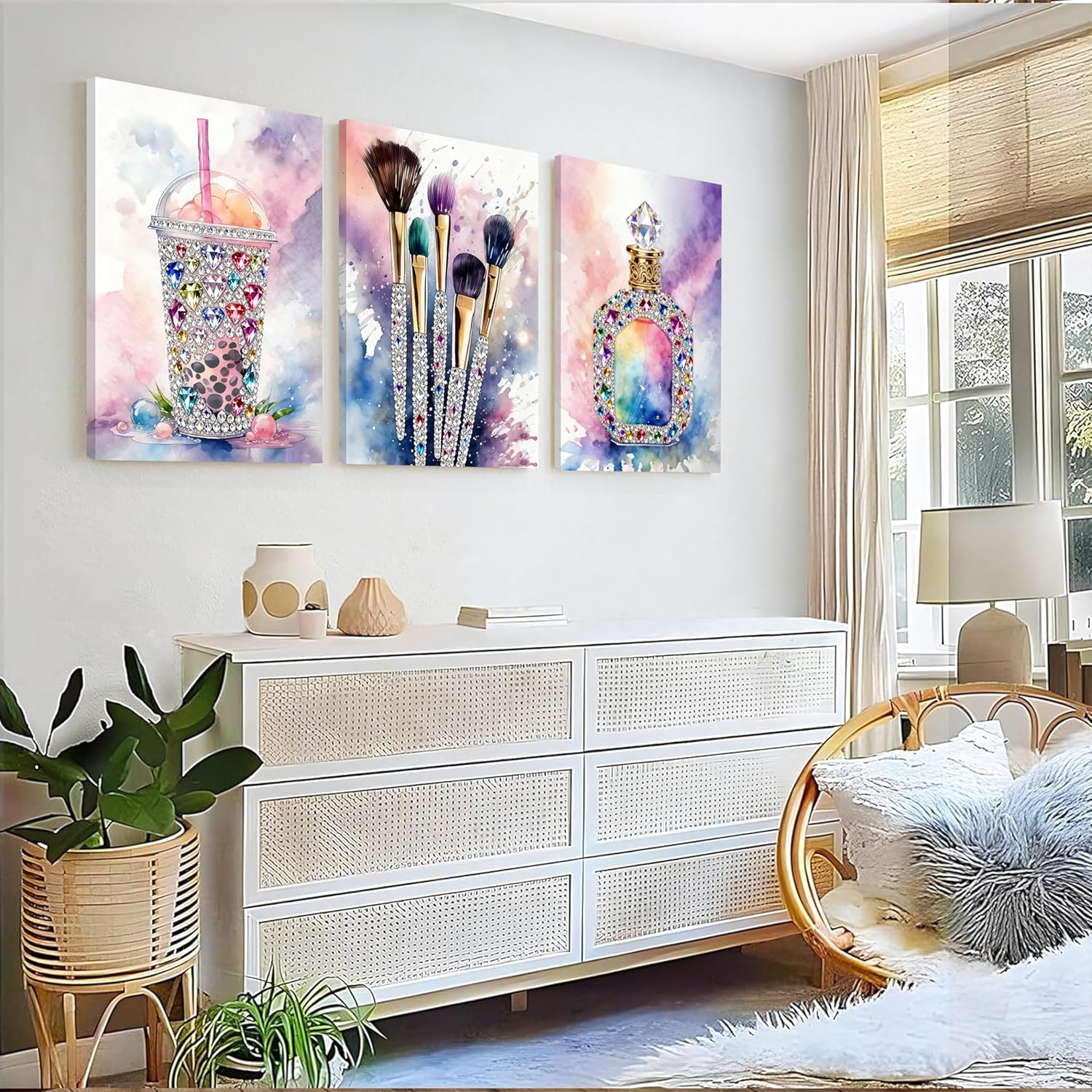 Teen Girls Bedroom Canvas Wall Art Set of 3 with Rhinestone Details, Sparkly Makeup Brush Milk Tea Perfume Paintings, Colorful Watercolor Aesthetic Wall Decor for Teen Girl Room Bathroom Dorm12x16in