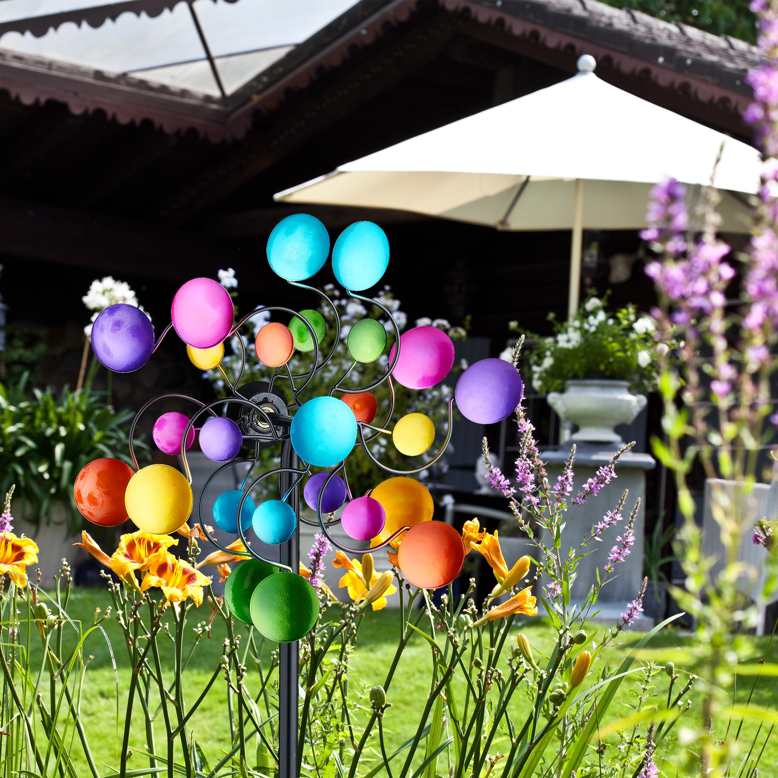 Relaxdays Girandola a Vento in Ferro, Mulino Doppio, Giardino e Balcone, Gioco per Bambini, HLP 119x33x15,5 cm, Colorato
