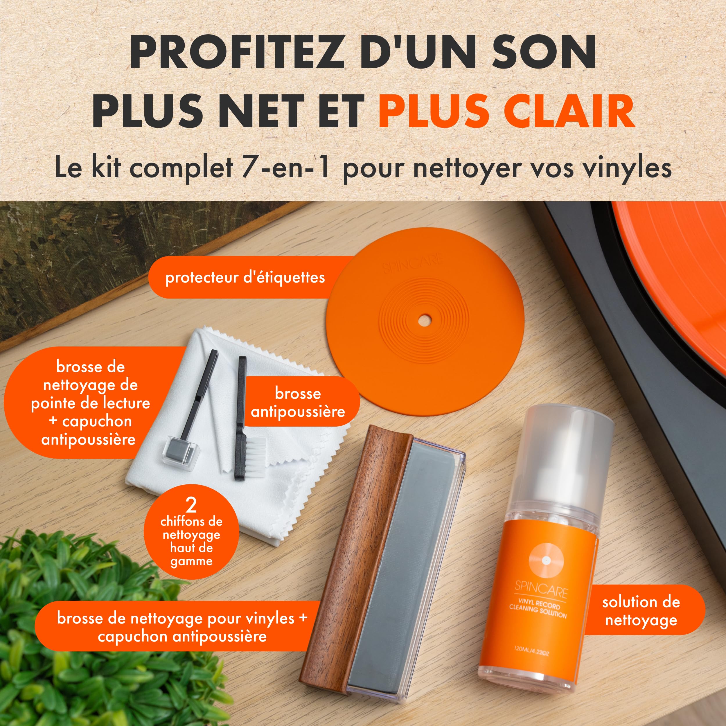 SPINCARE Kit Nettoyage Vinyle 7-en-1 Brosse Velvet avec Manche en Bois et Couvercles Antipoussière | Solution 120 ML pour Vinyles | Brosse Stylus | Protecteur d’Étiquette | Chiffons Microfibre