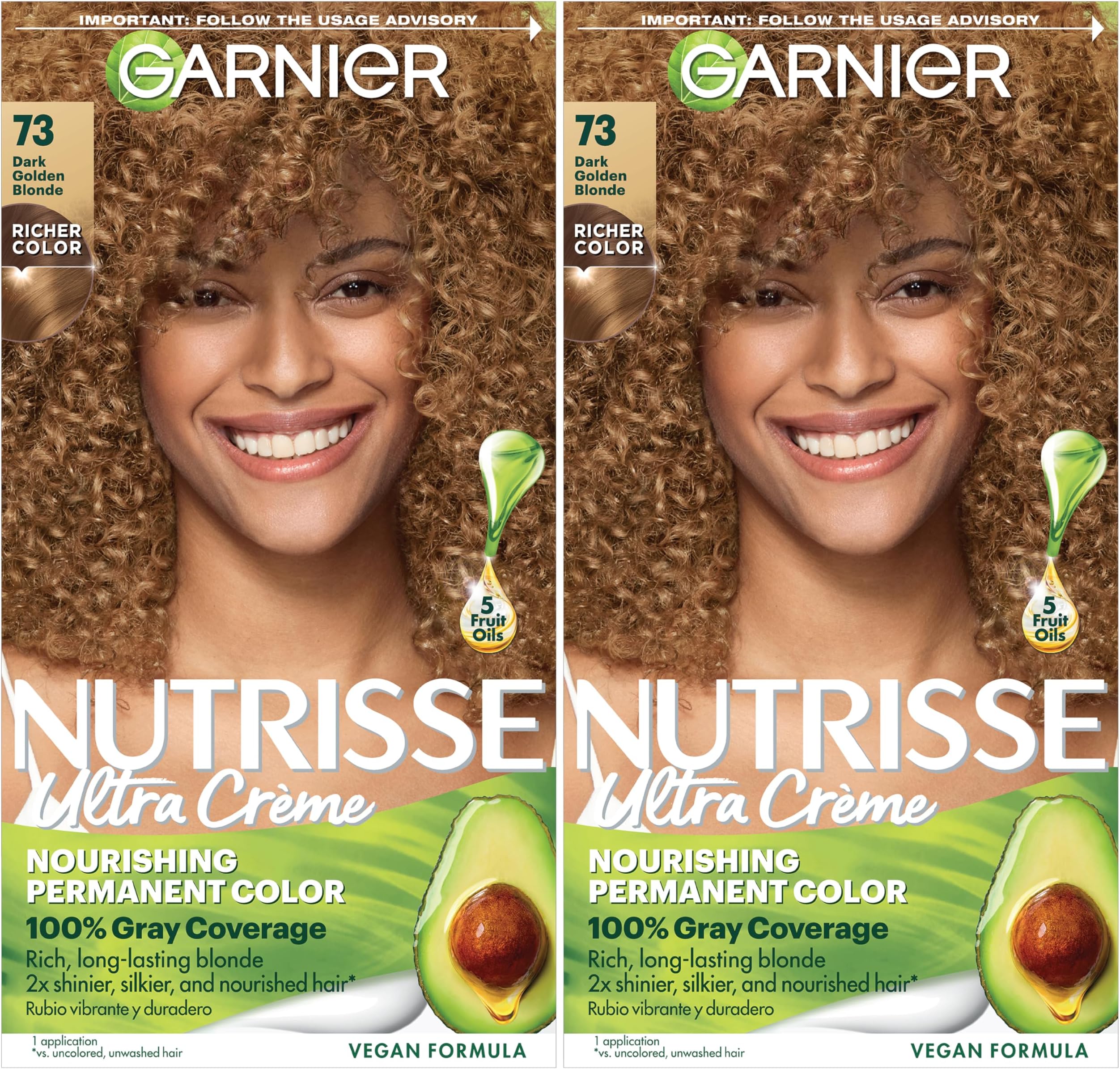 Nutrisse Ultra Crème Hair Color, Permanent Hair Dye with 100% Gray Coverage, Vegan & Cruelty-Free, 73 Dark Golden Blonde (Honey Dip), 2 Count