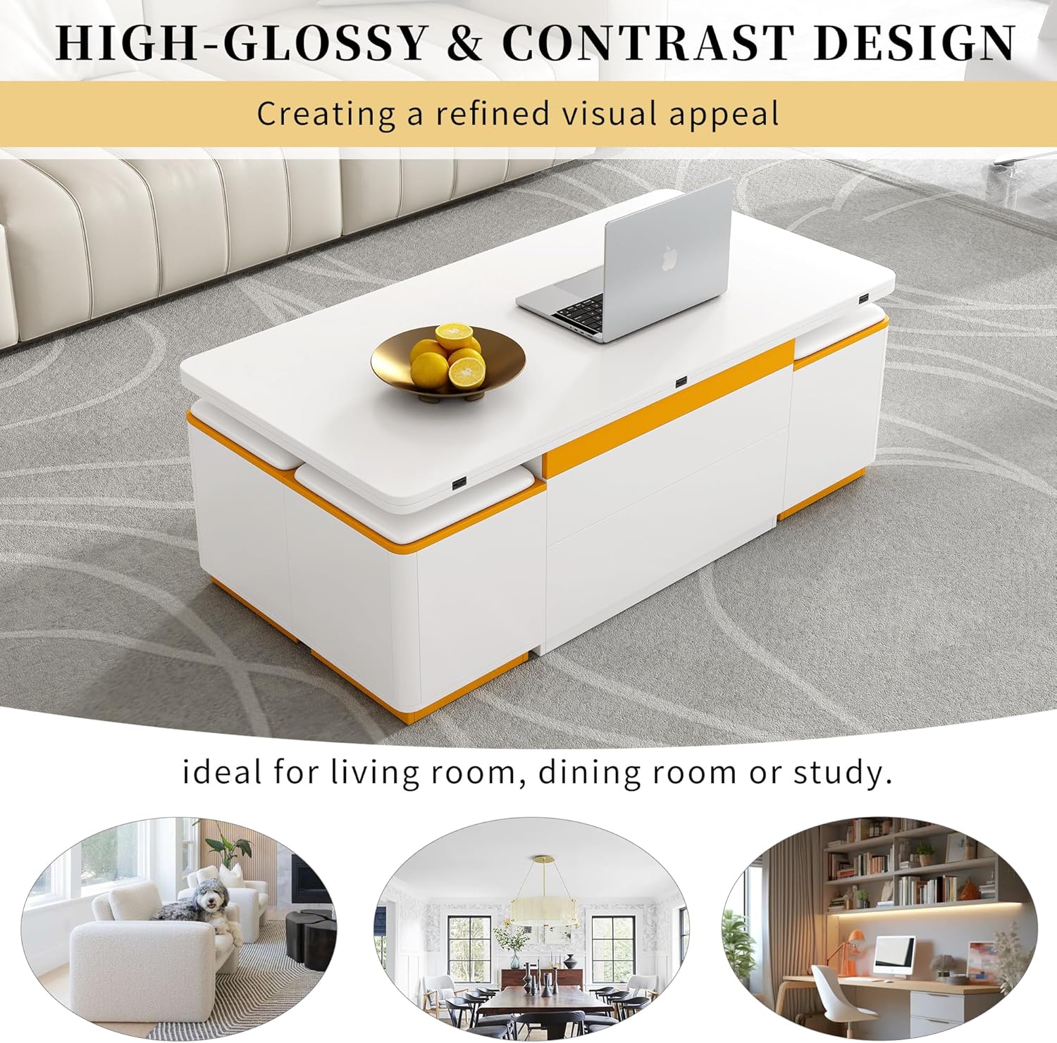 Modern Lift-Top Coffee Table with 4 Storage Stools, 47.2-Inch Space-Saving Center Cocktail Table with Hidden Storage Space & Folding Top for Living Room, White