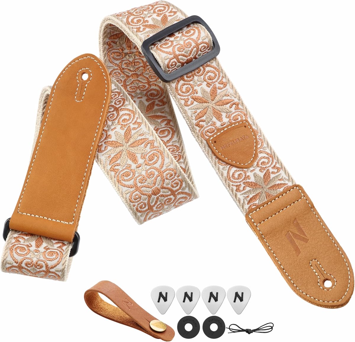 Correa de guitarra, extremos dobles de cuero, tejido vintage con púas BONUS-4 GRATIS + candados de correa + botón de correa, el mejor regalo para bajo,guitarras eléctricas y acústicas para guitarra(bordado amarillo caqui vintage)