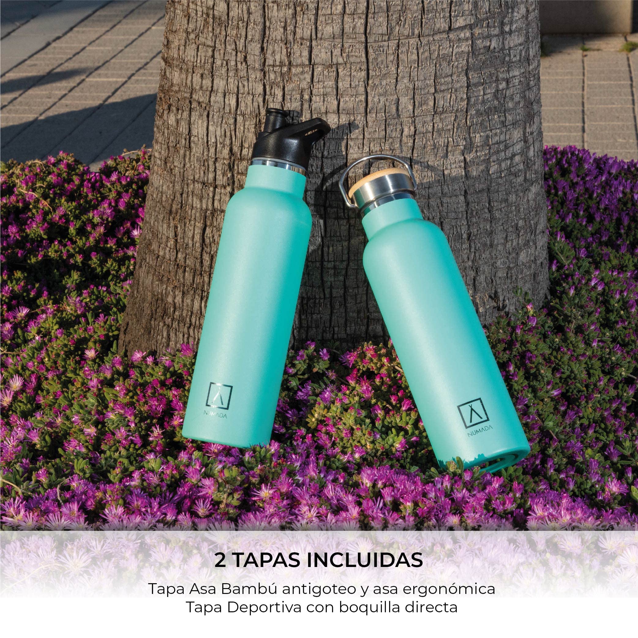 NUMADA-Botella Térmica Acero Inox 600ml Menta Estanca con Doble Pared al Vacío y Recubrimiento Cerámico. Mantiene Frío 24H y Calor 12H|Boca Ancha|Libre BPA|Incluye 2 Tapones (1 Sport)/Bolsa Transporte