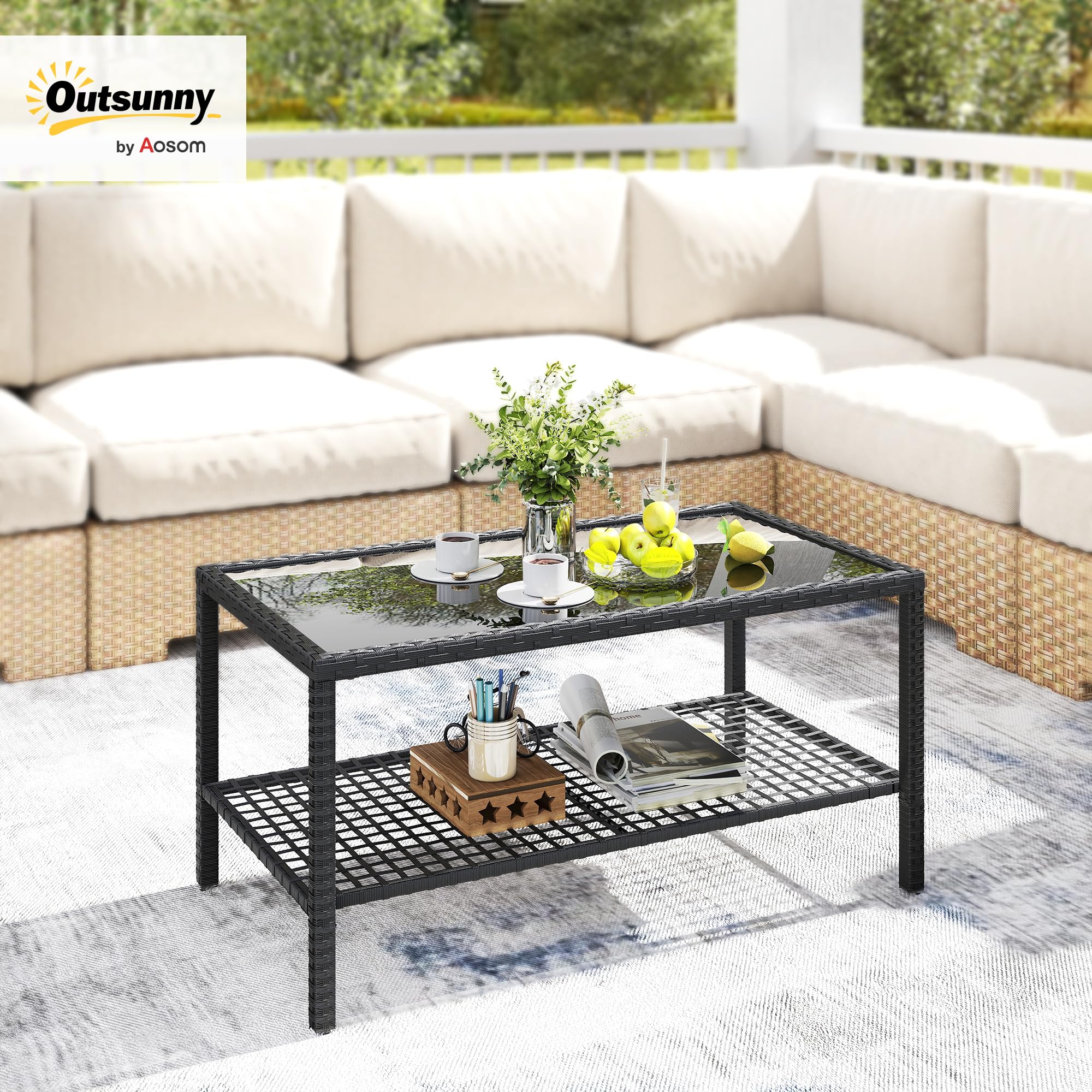 Outsunny Mesa de Jardín de Ratán, Mesita Auxiliar con Estante, Tablero de Vidrio Templado, Estructura de Acero, para Terraza, Patio, Balcón, 92x50x45 cm, Negro